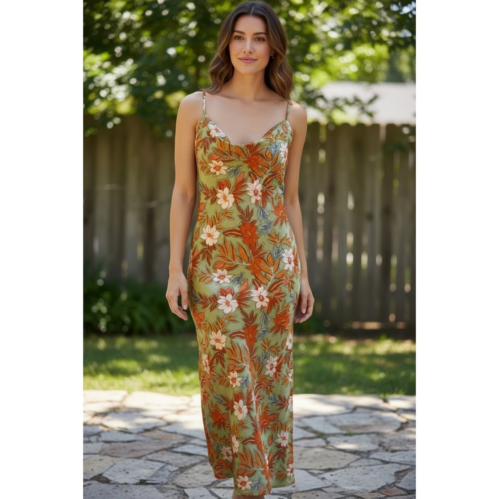 Evolutionary Midi Dress Womens Lime Orange Tropical Floral Cowl Slip NEW Size S